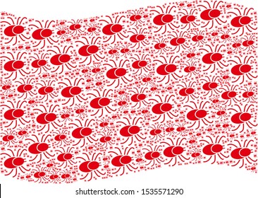Waving red flag collage. Vector mite tick elements are placed into conceptual red waving flag collage. Patriotic collage designed of flat mite tick pictograms.