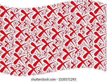 Waving red flag collage. Vector erase design elements are placed into conceptual red waving flag composition. Patriotic collage constructed of flat erase design elements.