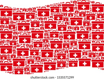 Waving red flag collage. Vector first aid toolbox icons are united into mosaic red waving flag collage. Patriotic collage constructed of flat first aid toolbox icons.