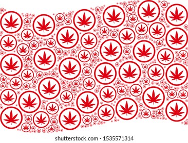 Waving red flag collage. Vector cannabis elements are combined into mosaic red waving flag abstraction. Patriotic illustration combined of flat cannabis elements.