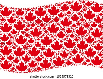 Waving red flag collage. Vector maple leaf icons are formed into conceptual red waving flag illustration. Patriotic illustration done of flat maple leaf icons.