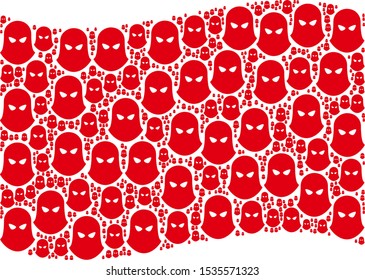 Waving red flag collage. Vector terrorist balaklava design elements are placed into conceptual red waving flag composition. Patriotic collage created of flat terrorist balaklava design elements.