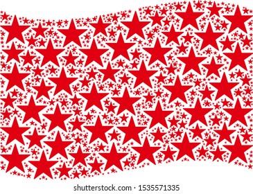 Waving red flag collage. Vector confetti star design elements are combined into geometric red waving flag collage. Patriotic collage combined of flat confetti star pictograms.
