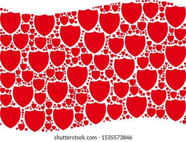 Waving red flag collage. Vector shield pictograms are placed into conceptual red waving flag collage. Patriotic collage composed of flat shield pictograms.