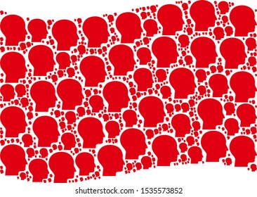 Waving red flag collage. Vector human head design elements are formed into mosaic red waving flag illustration. Patriotic concept designed of flat human head design elements.