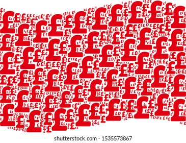 Waving red flag collage. Vector Pound Sterling icons are arranged into conceptual red waving flag collage. Patriotic collage created of flat Pound Sterling icons.