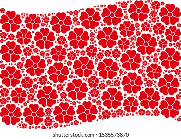 Waving red flag collage. Vector flower elements are organized into mosaic red waving flag collage. Patriotic collage designed of flat flower elements.