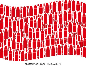 Waving red flag collage. Vector ammo bullet icons are grouped into geometric red waving flag collage. Patriotic collage done of flat ammo bullet icons.