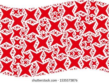 Waving red flag collage. Vector sparkle star icons are scattered into conceptual red waving flag abstraction. Patriotic collage constructed of flat sparkle star icons.