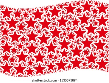 Waving red flag collage. Vector fireworks star design elements are organized into mosaic red waving flag composition. Patriotic collage organized of flat fireworks star elements.