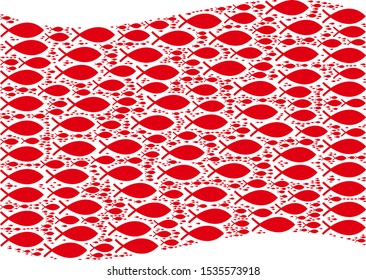 Waving red flag collage. Vector fish design elements are organized into conceptual red waving flag illustration. Patriotic collage composed of flat fish elements.
