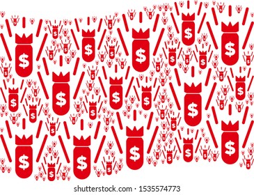Waving red flag collage. Vector financial crisis bomb design elements are combined into geometric red waving flag abstraction. Patriotic collage combined of flat financial crisis bomb pictograms.