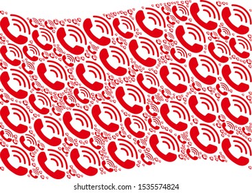 Waving red flag collage. Vector call ring design elements are combined into mosaic red waving flag illustration. Patriotic illustration constructed of flat call ring design elements.