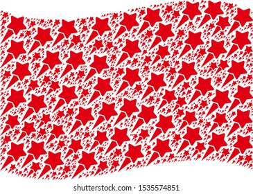 Waving red flag collage. Vector starting star pictograms are formed into conceptual red waving flag composition. Patriotic composition composed of flat starting star pictograms.