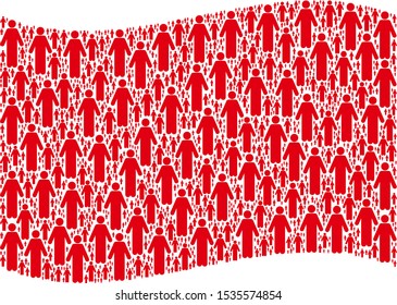 Waving red flag collage. Vector man person pictograms are organized into mosaic red waving flag illustration. Patriotic composition organized of flat man person pictograms.