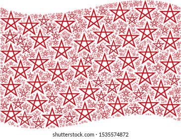 Waving red flag collage. Vector star pentagram design elements are placed into geometric red waving flag illustration. Patriotic collage organized of flat star pentagram design elements.