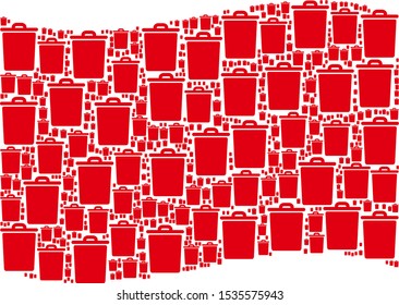 Waving red flag collage. Vector trash bin design elements are arranged into geometric red waving flag composition. Patriotic composition designed of flat trash bin elements.
