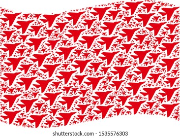 Waving red flag collage. Vector airplane intercepter design elements are united into geometric red waving flag composition. Patriotic collage constructed of flat airplane intercepter design elements.