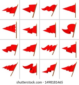 Waving Red Triangle Flag Icon And Signs Set Vector Illustration