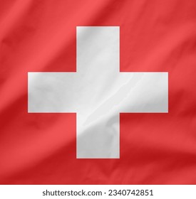 Waving red and white Swiss flag illustration with Swiss cross. Illustration made August 1st, 2023, Zurich, Switzerland.