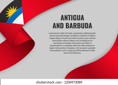 Waving ribbon or banner with flag of Antigua and Barbuda. Template for poster design