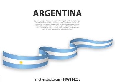 Bandera ondeando la cinta o pancarta con bandera de Argentina. Plantilla para diseño de afiches del día de la independencia