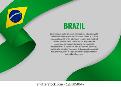 Waving Ribbon Or Banner With Flag Of Brazil. Template For Poster Design