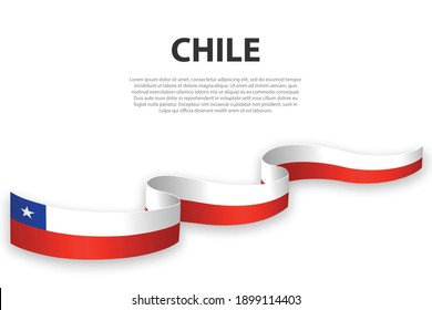 Bandera ondeando la cinta o pancarta con bandera de Chile. Plantilla para diseño de afiches del día de la independencia