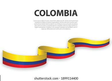 Bandera ondeando la cinta o pancarta con bandera de Colombia. Plantilla para diseño de afiches del día de la independencia