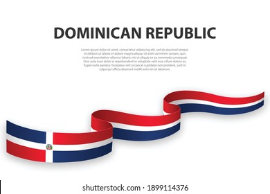 Bandera ondeando cinta o cartel con bandera de República Dominicana. Plantilla para diseño de afiches del día de la independencia