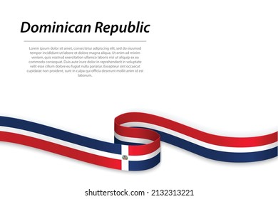 Bandera ondeando cinta o cartel con bandera de República Dominicana. Plantilla para diseño de afiches del día de la independencia