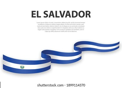 Bandera ondeando la cinta o pancarta con la bandera de El Salvador. Plantilla para diseño de afiches del día de la independencia