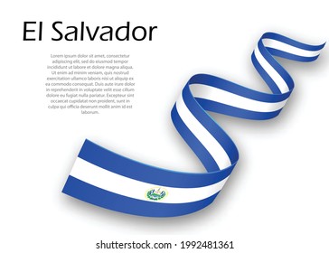 Bandera ondeando la cinta o pancarta con la bandera de El Salvador. Plantilla para diseño de afiches del día de la independencia