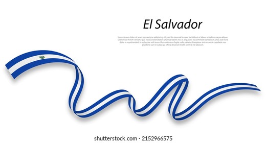 Bandera ondeando la cinta o pancarta con la bandera de El Salvador. Plantilla para diseño de afiches del día de la independencia