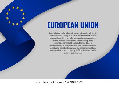 Waving ribbon or banner with flag of European Union. Template for poster design