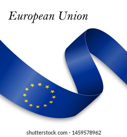 Waving ribbon or banner with flag of European Union. Template for independence day poster design