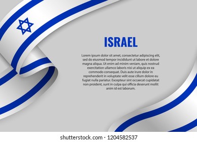 Waving Ribbon Or Banner With Flag Of Israel. Template For Poster Design