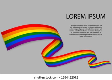 Waving ribbon or banner with flag of LGBT pride. Template for independence day poster design