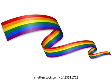 Waving ribbon or banner with flag of LGBT pride. Template for pride month poster design