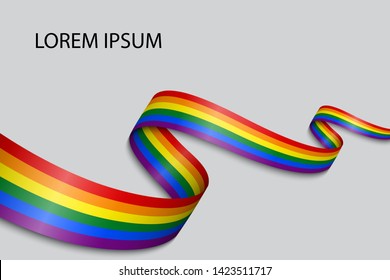 Waving ribbon or banner with flag of LGBT pride. Template for pride month poster design