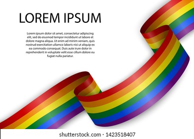 Waving ribbon or banner with flag of LGBT pride. Template for pride month poster design