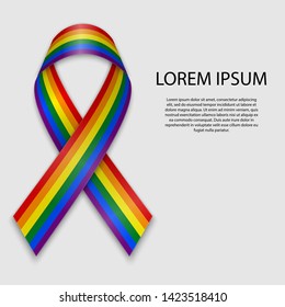 Waving ribbon or banner with flag of LGBT pride. Template for pride month poster design