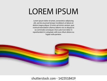 Waving ribbon or banner with flag of LGBT pride. Template for pride month poster design