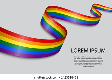 Waving ribbon or banner with flag of LGBT pride. Template for pride month poster design