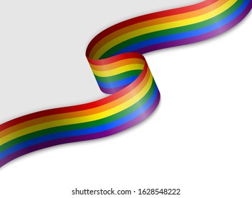 Waving ribbon or banner with flag of LGBT pride. Template for pride month poster design