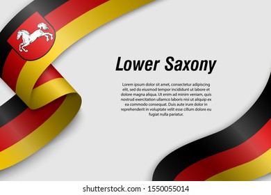 Waving ribbon or banner with flag of Lower Saxony. State of Germany. Template for poster design