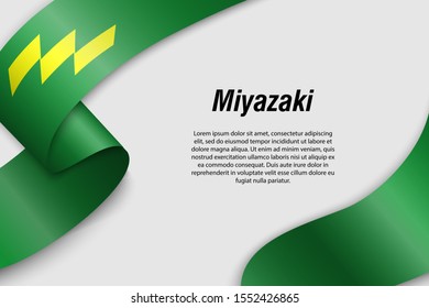 Waving ribbon or banner with flag of Miyazaki. Prefecture of Japan. Template for poster design