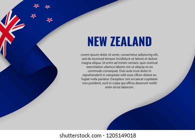 Waving ribbon or banner with flag of New Zealand. Template for poster design