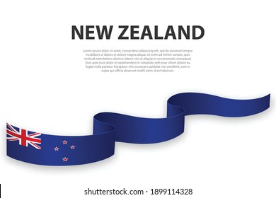 Waving ribbon or banner with flag of New Zealand. Template for independence day poster design