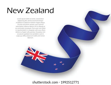 Waving ribbon or banner with flag of New Zealand. Template for independence day poster design